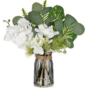 White Orchids Artificial Flowers with Vase Fake Flowers in Vase Artificial Eucalyptus Stems in Glass Vase with Faux Water Faux Orchid with Eucalyptus Leaves Arrangement for Dining Table Centerpiece in Kuwait