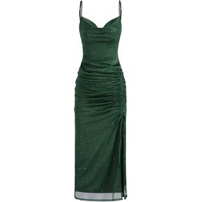 CIDER Cocktail Dresses for Women Glitter Ruched Split Bodycon Maxi Dress Cowl Neck Evening Party Prom Elegant in Kuwait