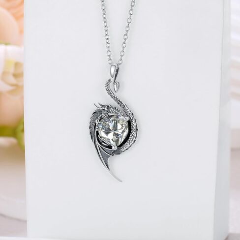 Dragon Necklace for Women 925 Sterling Silver Dragon with Heart Cut Birthstone Pendant Necklace for Gifts in Saudi Arabia