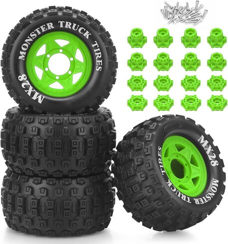 MX28 F/R 2.8" RC Car Tires with 12mm/14mm Hex Adapter RC Wheels and Tires Set 1/10 Scale RC Truck Tires for Arrma Big Rock Granite Traxxas Rustler Stampede VORTEKS 3S 4PCS (Style B) - Black in Kuwait