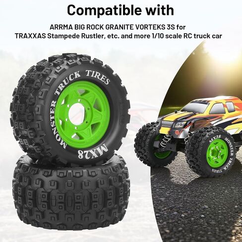 MX28 F/R 2.8" RC Car Tires with 12mm/14mm Hex Adapter RC Wheels and Tires Set 1/10 Scale RC Truck Tires for Arrma Big Rock Granite Traxxas Rustler Stampede VORTEKS 3S 4PCS (Style B) - Black in Kuwait