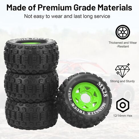 MX28 F/R 2.8" RC Car Tires with 12mm/14mm Hex Adapter RC Wheels and Tires Set 1/10 Scale RC Truck Tires for Arrma Big Rock Granite Traxxas Rustler Stampede VORTEKS 3S 4PCS (Style B) - Black in Kuwait