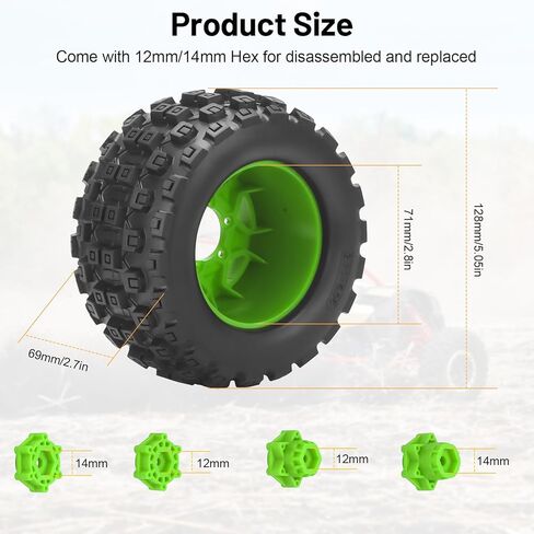 MX28 F/R 2.8" RC Car Tires with 12mm/14mm Hex Adapter RC Wheels and Tires Set 1/10 Scale RC Truck Tires for Arrma Big Rock Granite Traxxas Rustler Stampede VORTEKS 3S 4PCS (Style B) - Black in Kuwait
