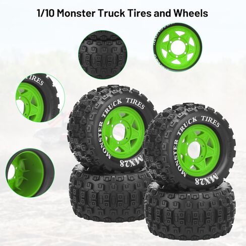 MX28 F/R 2.8" RC Car Tires with 12mm/14mm Hex Adapter RC Wheels and Tires Set 1/10 Scale RC Truck Tires for Arrma Big Rock Granite Traxxas Rustler Stampede VORTEKS 3S 4PCS (Style B) - Black in Kuwait