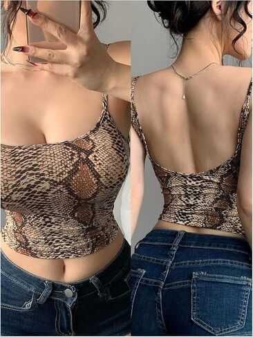 Women's Snake Skin Spaghetti Strap Camisole Tops Animal Print Backless Crop Cami Tank Tops in Saudi Arabia