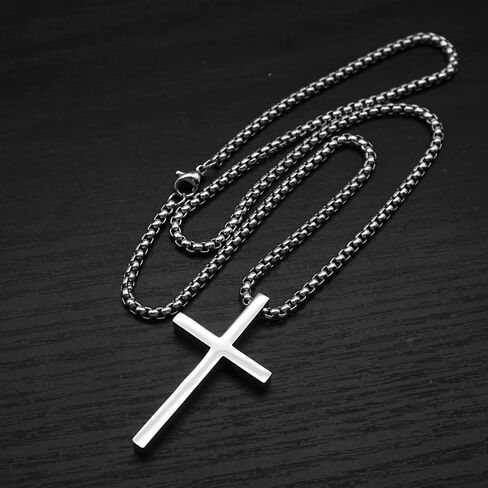 قلادة متقاطعة من الفولاذ المقاوم للصدأ للرجال - قلادة سلسلة صندوقية مضادة للحساسية، هدية مجوهرات دينية كاثوليكية والمسيحية in Saudi Arabia