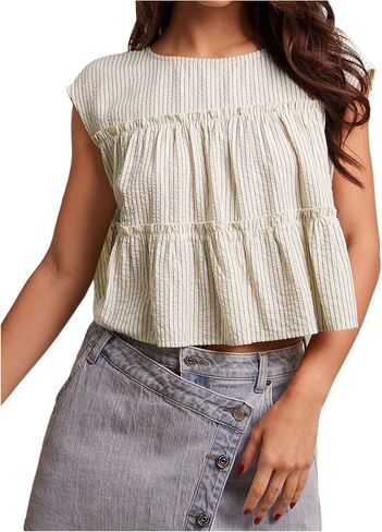 قمصان بيبي دول قصيرة مخططة للنساء من Peplum ذات طبقات مكشكشة للإجازات in Saudi Arabia
