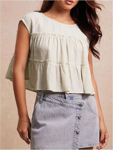 قمصان بيبي دول قصيرة مخططة للنساء من Peplum ذات طبقات مكشكشة للإجازات in Saudi Arabia