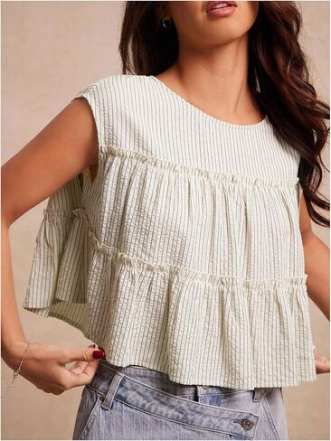 قمصان بيبي دول قصيرة مخططة للنساء من Peplum ذات طبقات مكشكشة للإجازات in Saudi Arabia