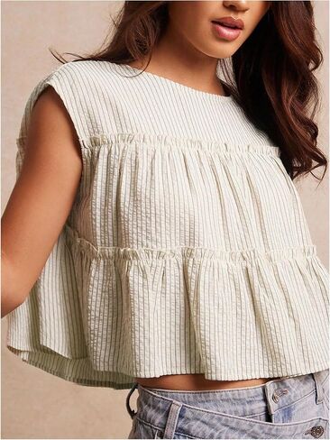 قمصان بيبي دول قصيرة مخططة للنساء من Peplum ذات طبقات مكشكشة للإجازات in Saudi Arabia