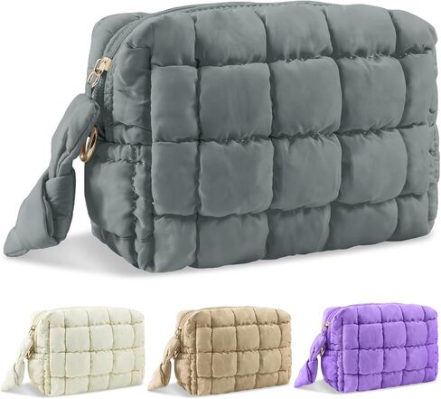 Puffer Quilted Makeup Bag Cosmetic Bags,Puffy Travel Toiletry Pouch for Women,Cute Checkered Zipper Bag Travel Essential,Portable Aesthetic Make up Organizer Bag for Gifts Work Daily(Black,M) in Saudi Arabia