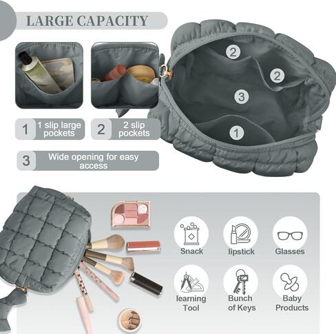Puffer Quilted Makeup Bag Cosmetic Bags,Puffy Travel Toiletry Pouch for Women,Cute Checkered Zipper Bag Travel Essential,Portable Aesthetic Make up Organizer Bag for Gifts Work Daily(Black,M) in Saudi Arabia