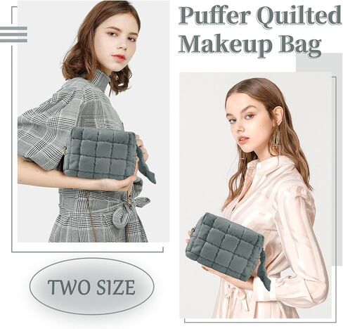 Puffer Quilted Makeup Bag Cosmetic Bags,Puffy Travel Toiletry Pouch for Women,Cute Checkered Zipper Bag Travel Essential,Portable Aesthetic Make up Organizer Bag for Gifts Work Daily(Black,M) in Saudi Arabia