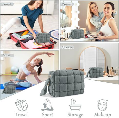 Puffer Quilted Makeup Bag Cosmetic Bags,Puffy Travel Toiletry Pouch for Women,Cute Checkered Zipper Bag Travel Essential,Portable Aesthetic Make up Organizer Bag for Gifts Work Daily(Black,M) in Saudi Arabia