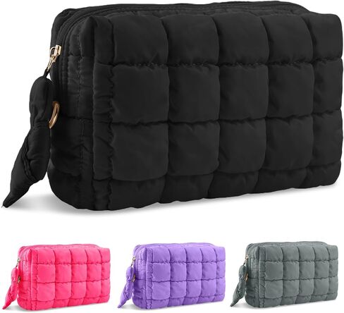 Puffer Quilted Makeup Bag Cosmetic Bags,Puffy Travel Toiletry Pouch for Women,Cute Checkered Zipper Bag Travel Essential,Portable Aesthetic Make up Organizer Bag for Gifts Work Daily(Black,M) in Saudi Arabia