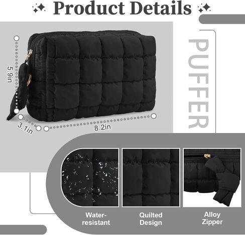 Puffer Quilted Makeup Bag Cosmetic Bags,Puffy Travel Toiletry Pouch for Women,Cute Checkered Zipper Bag Travel Essential,Portable Aesthetic Make up Organizer Bag for Gifts Work Daily(Black,M) in Saudi Arabia