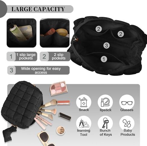 Puffer Quilted Makeup Bag Cosmetic Bags,Puffy Travel Toiletry Pouch for Women,Cute Checkered Zipper Bag Travel Essential,Portable Aesthetic Make up Organizer Bag for Gifts Work Daily(Black,M) in Saudi Arabia