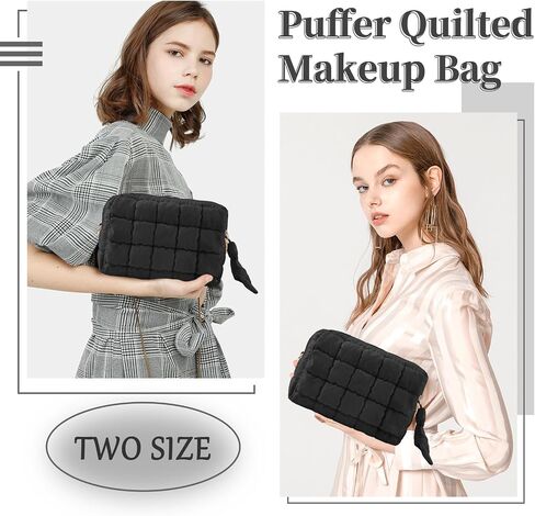 Puffer Quilted Makeup Bag Cosmetic Bags,Puffy Travel Toiletry Pouch for Women,Cute Checkered Zipper Bag Travel Essential,Portable Aesthetic Make up Organizer Bag for Gifts Work Daily(Black,M) in Saudi Arabia