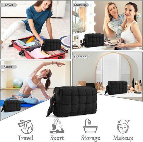 Puffer Quilted Makeup Bag Cosmetic Bags,Puffy Travel Toiletry Pouch for Women,Cute Checkered Zipper Bag Travel Essential,Portable Aesthetic Make up Organizer Bag for Gifts Work Daily(Black,M) in Saudi Arabia