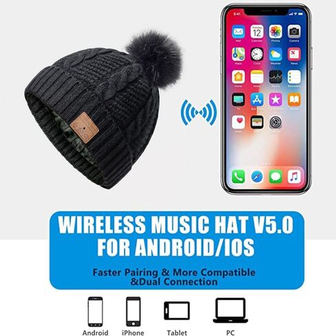 Bluetooth Beanie Hat Women with Headphones Sport Wireless Music Hat with Pompon Stereo Headphones Built-in Microphone Bluetooth Beanie for Women Girls Outdoor Running White in Saudi Arabia
