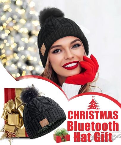 Bluetooth Beanie Hat Women with Headphones Sport Wireless Music Hat with Pompon Stereo Headphones Built-in Microphone Bluetooth Beanie for Women Girls Outdoor Running White in Saudi Arabia