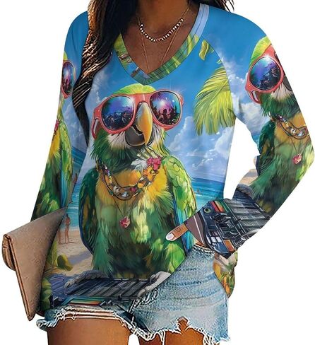 Funny Parrot Print Womens Long Sleeve Shirts Pullover V Neck Loose Sweatshirt Tops in Saudi Arabia