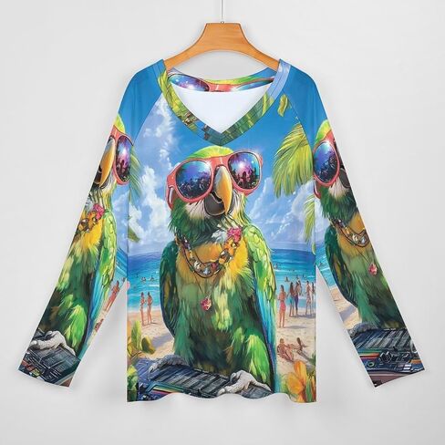 Funny Parrot Print Womens Long Sleeve Shirts Pullover V Neck Loose Sweatshirt Tops in Saudi Arabia