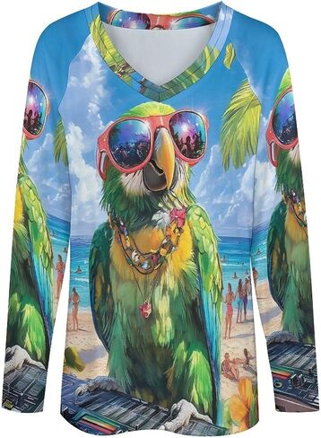 Funny Parrot Print Womens Long Sleeve Shirts Pullover V Neck Loose Sweatshirt Tops in Saudi Arabia