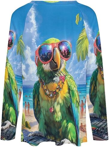 Funny Parrot Print Womens Long Sleeve Shirts Pullover V Neck Loose Sweatshirt Tops in Saudi Arabia