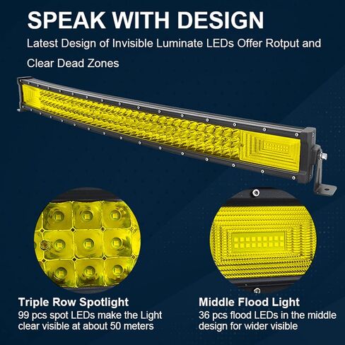 SKYWORLD 42 بوصة 540 واط LED شريط إضاءة، صف ثلاثي منحني 7D أصفر كهرماني بقعة فيضان كومبو شعاع على الطرق الوعرة العمل قيادة أضواء الضباب لسيارة Polaris RZR ATV UTV SUV شاحنة قارب المركبات 4x4 12V 24V in Kuwait