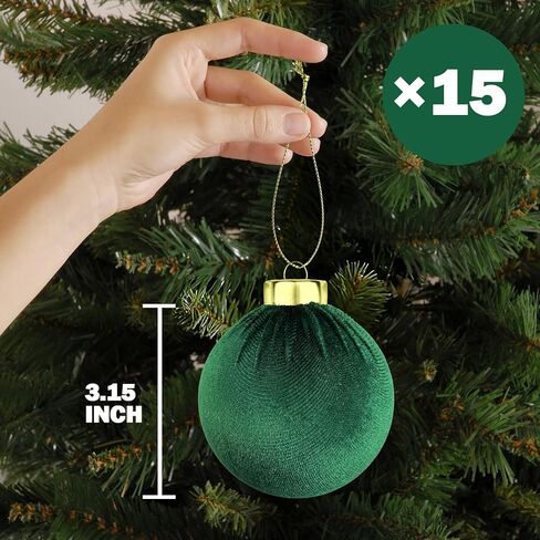 Green Velvet Balls Ornaments for Christmas Tree 15 PCS, Big Shatterproof Christmas Bulbs Ornaments Set-Decorative Hanging Baubles, Flocked Classic Decorations for Holiday(Emerald Green,3.15 Inch) in Saudi Arabia