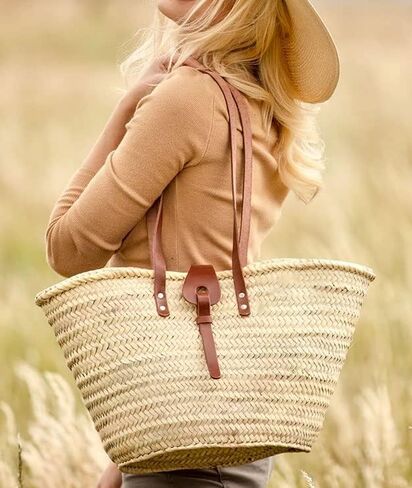 FRENCH BASKET straw bag with leather handles beach bag, straw bag, market basket, Moroccan Basket, Crossbody Bag, Summer Bag in Saudi Arabia