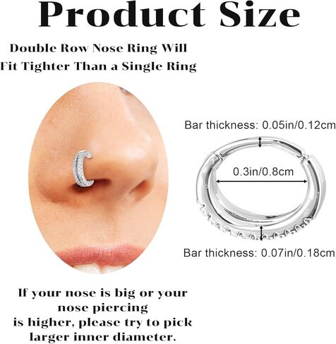 حلقة مزدوجة للأنف قطعة واحدة 316L من الفولاذ الجراحي هيليكس روك شفاف تشيكوسلوفاكيا حلقات الأنف والأقراط المفصلية لثقب الأنف للنساء (فضي) in Kuwait