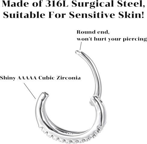 حلقة مزدوجة للأنف قطعة واحدة 316L من الفولاذ الجراحي هيليكس روك شفاف تشيكوسلوفاكيا حلقات الأنف والأقراط المفصلية لثقب الأنف للنساء (فضي) in Kuwait