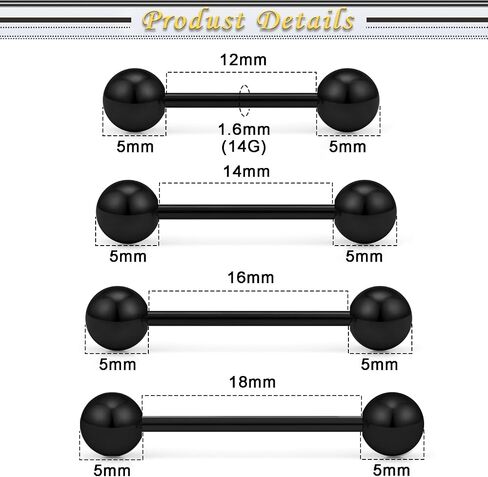 14G Tongue Rings Surgical Steel Nipple Rings Internally Threaded Straight Barbell Tongue Piercing Jewelry for Women Men Bar Length 12mm/14mm/16mm/18mm in Saudi Arabia