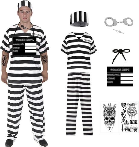 6Pcs Prisoner Costume Men Black White Striped Jail Inmate Costume Prison Outfit Halloween Convict Cosplay Uniform in Saudi Arabia