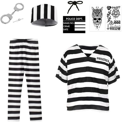 6Pcs Prisoner Costume Men Black White Striped Jail Inmate Costume Prison Outfit Halloween Convict Cosplay Uniform in Saudi Arabia