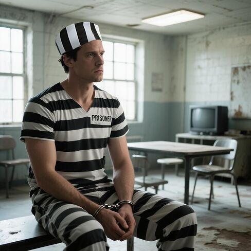 6Pcs Prisoner Costume Men Black White Striped Jail Inmate Costume Prison Outfit Halloween Convict Cosplay Uniform in Saudi Arabia