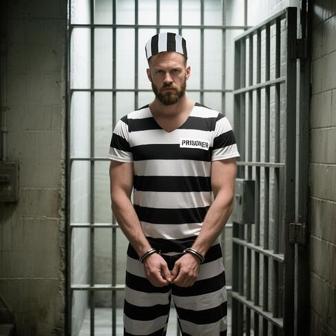 6Pcs Prisoner Costume Men Black White Striped Jail Inmate Costume Prison Outfit Halloween Convict Cosplay Uniform in Saudi Arabia