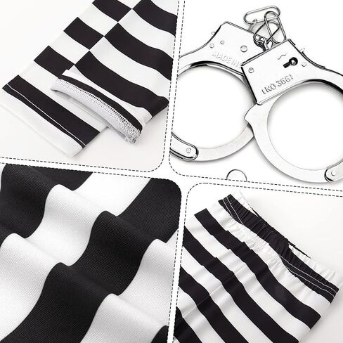6Pcs Prisoner Costume Men Black White Striped Jail Inmate Costume Prison Outfit Halloween Convict Cosplay Uniform in Saudi Arabia