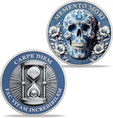 Memento Mori Blue Porcelain Skull Coin | Carpe Diem Hourglass Medallion with Latin Quotes | Artistic Reminder of Life's Fragility and Time’s Value | Motivational Collectible in Kuwait