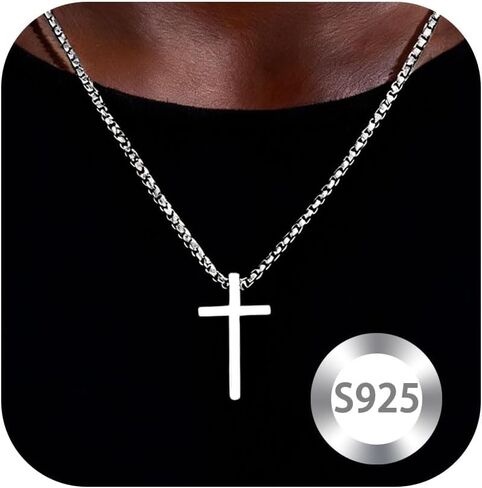 Sterling Silver Cross Necklace for Men Cross Pendant Necklaces 16-24 Inch Box Chain Mens Jewelry Gift in Saudi Arabia