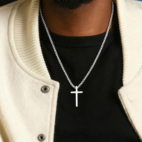 Sterling Silver Cross Necklace for Men Cross Pendant Necklaces 16-24 Inch Box Chain Mens Jewelry Gift in Saudi Arabia