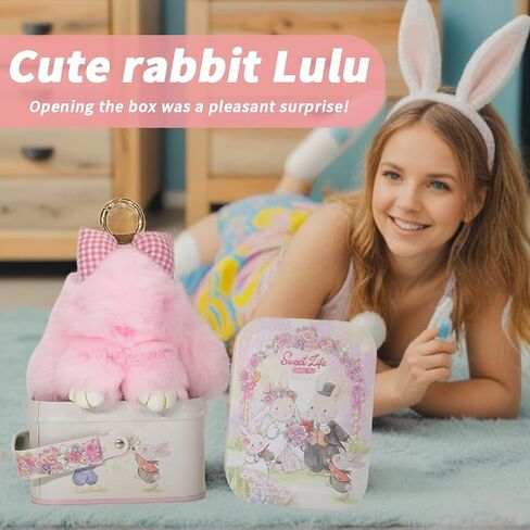 Bunny Lulu with creative metal gift box,Handmade Soft Bunny PomPom Keychain. Back toschool, schoolsupplies in Saudi Arabia