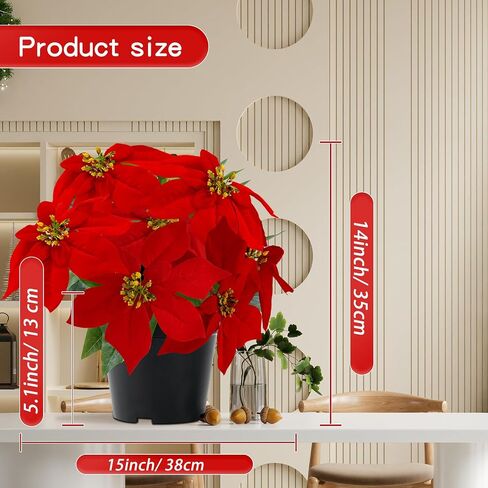 14" Poinsettias Artificial Christmas Flowers 9 Heads Faux Poinsettia Plants for Home Porch Garden Office Indoor Outdoor Christmas Decorations Hot Red in Saudi Arabia
