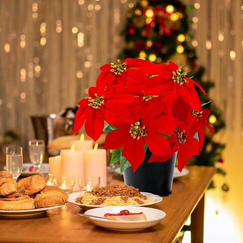 14" Poinsettias Artificial Christmas Flowers 9 Heads Faux Poinsettia Plants for Home Porch Garden Office Indoor Outdoor Christmas Decorations Hot Red in Saudi Arabia