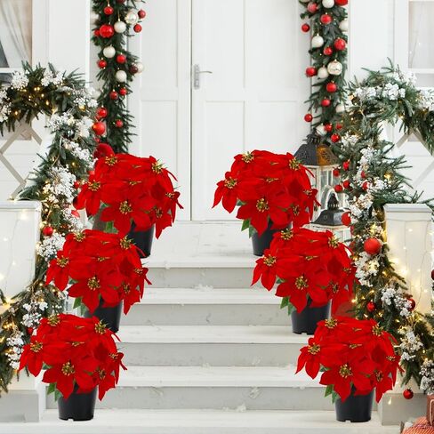 14" Poinsettias Artificial Christmas Flowers 9 Heads Faux Poinsettia Plants for Home Porch Garden Office Indoor Outdoor Christmas Decorations Hot Red in Saudi Arabia