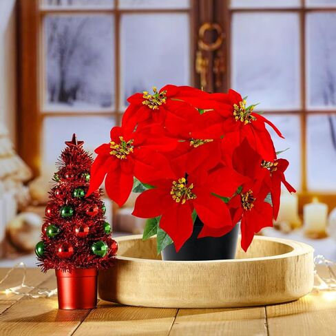 14" Poinsettias Artificial Christmas Flowers 9 Heads Faux Poinsettia Plants for Home Porch Garden Office Indoor Outdoor Christmas Decorations Hot Red in Saudi Arabia
