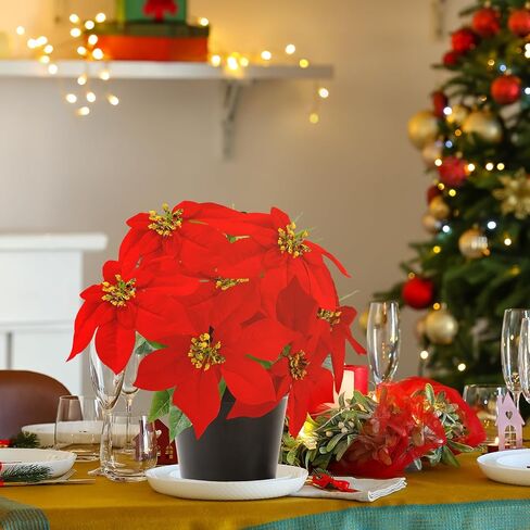 14" Poinsettias Artificial Christmas Flowers 9 Heads Faux Poinsettia Plants for Home Porch Garden Office Indoor Outdoor Christmas Decorations Hot Red in Saudi Arabia