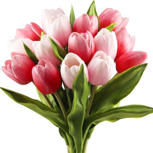 Buart توليب صناعي بكميات كبيرة للمنزل والمطبخ وباقة الزفاف، زهور وهمية لعيد الحب وعيد الأم وعيد الفصح لتزيين الطاولة المركزية (حجم كبير، وردي متعدد، لمسة حقيقية، 12 قطعة) in Kuwait